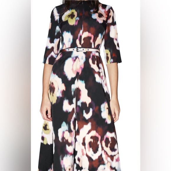 ZARA NWT Medium Abstract Floral Print Flared Hem Dress Fabric Belt MIDI Dress - Picture 5 of 15